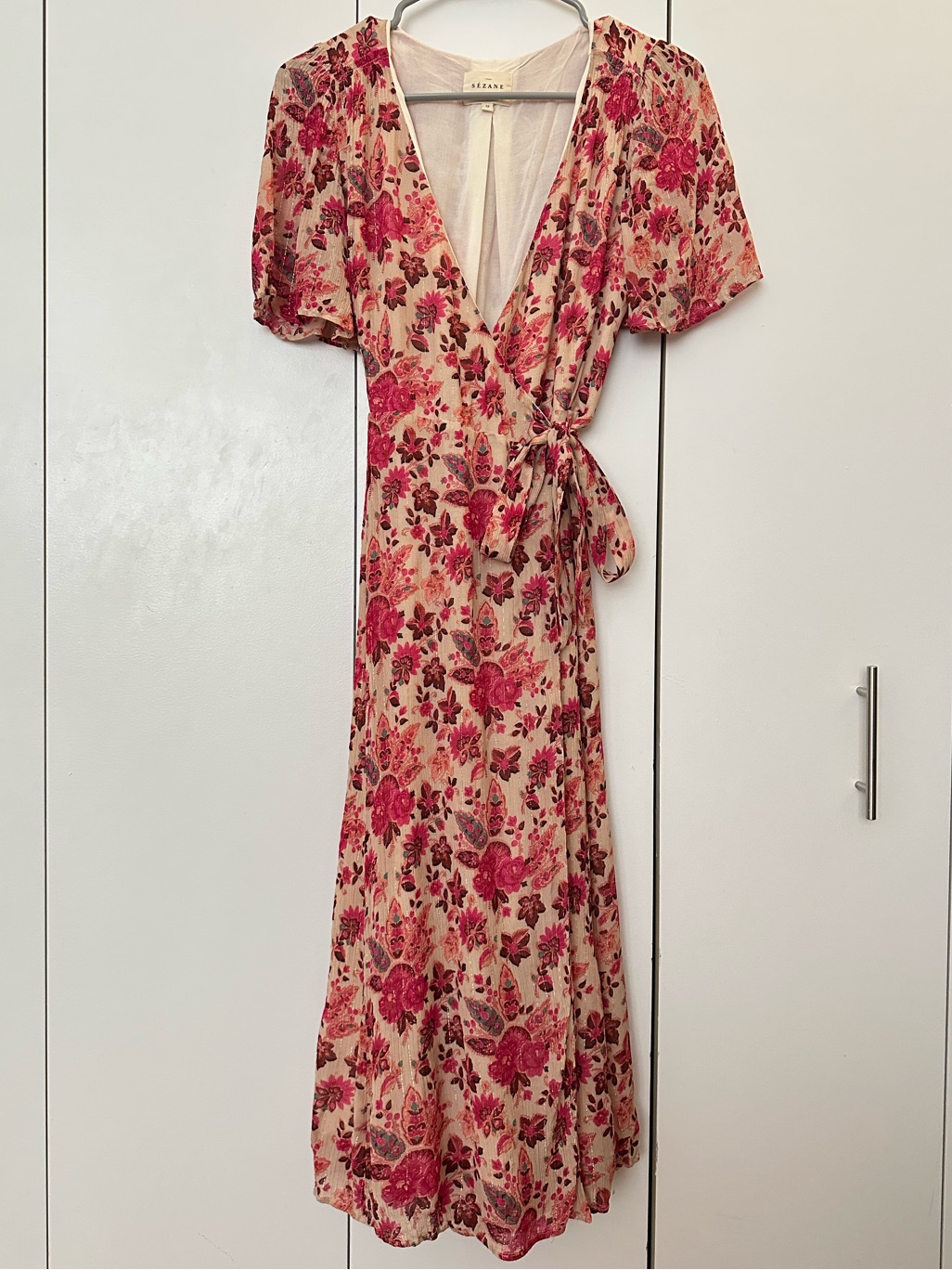 Sezane Sarah Wrap Dress In Pink Floral Us 6